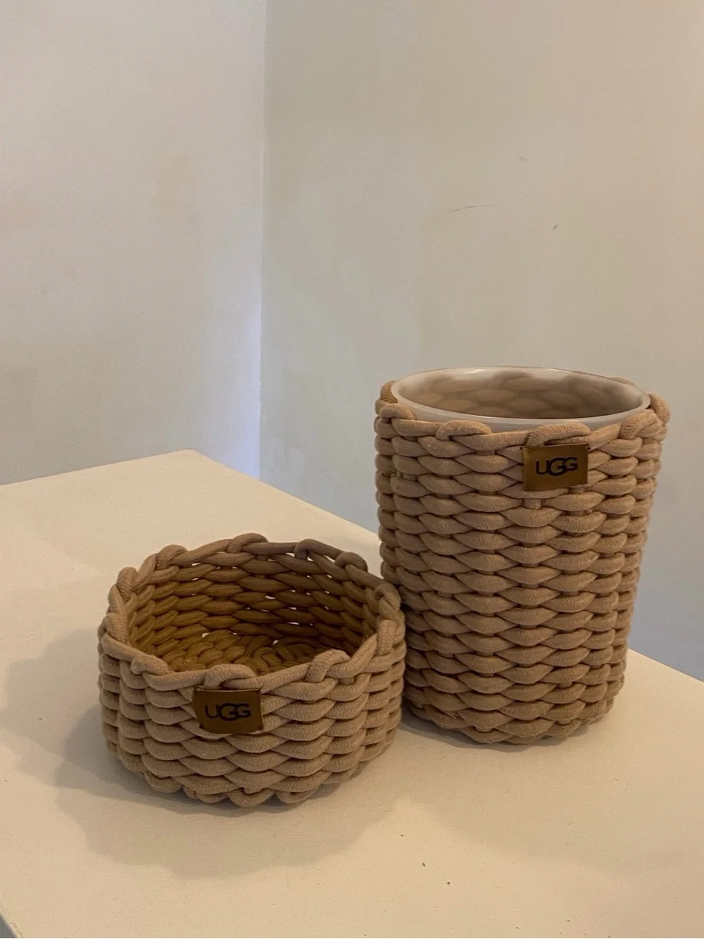 UGG Beige Chunky Woven Rope Storage Basket & Wastebasket 2-Piece Set
